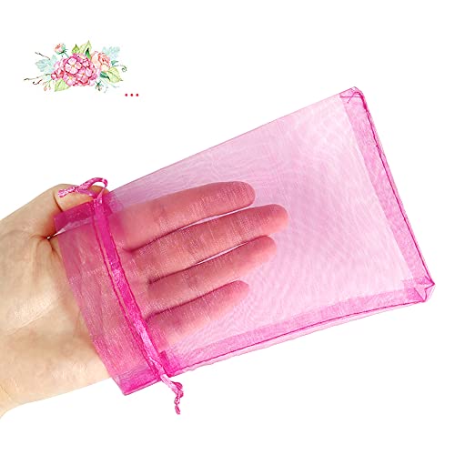Image of HRX Package Hot Pink Organza Bags 100pcs, 4 x 6 inch Mesh Drawstring Gift Bags Jewelry Pouches Small Sachet for Christmas Candy Party Favor
