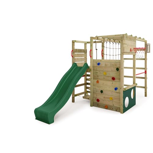 Fatmoose Aire de Jeux Portique d'escalade ActionArena Air XXL avec Toboggan Vert, extérieur Enfants Tour d'escalade avec échelle, Panier de Basket &...