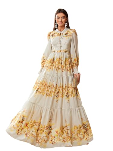 Image of TOLEEN Summer Casual Dresses for Women 2024 Spring Fashion Boho V Neck Long Sleeve Ruffle Floral Print Elegant Maxi Dress