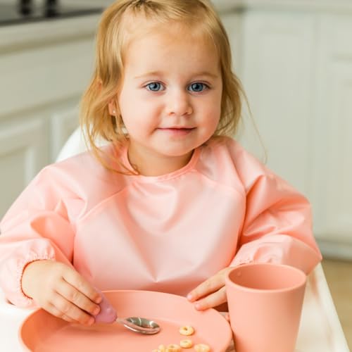 Image of Tiny Twinkle Long Sleeve Bib for Babies & Toddlers | 2-Pack Waterproof Smock Bib for Eating | Machine Washable & Mess-Proof Feeding Essentials | Newborn Shower Gift (Peach Terracotta,6-24M)