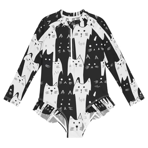 ALAZA White Black Cat Cartoon Girls One Piece Swimsuit Long Sleeve Rash Guard Swimsuits UV 50+ Swimwear Zipper