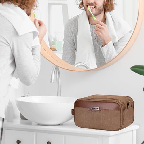 Image of WITZMAN Canvas Toiletry Bag for Men Large Capacity Hanging Dopp kit for Men Leather Toiletries Water-Resistant Bathroom Bag(A8002 Brown)