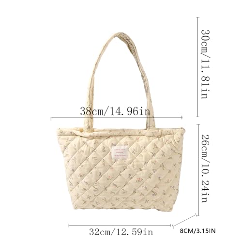 Image of Floral Quilted Cotton Shoulder Bag for Women Daily Use Medium Size Handbag Large Capacity Thickened Design Tote