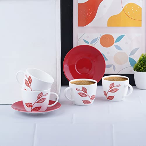 Image of Dandy Lines Royal Cups and Saucers Red Leaves Paradise, Cup and Saucer, Ceramic, Pack of 6, Microwave & Dishwasher Safe, Great for Hosting & Gifting