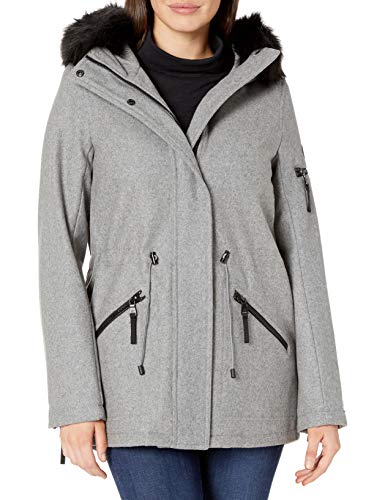 Calvin Klein Women's Anorak Wool Faux Fur Trimmed Coat, Tin, Large