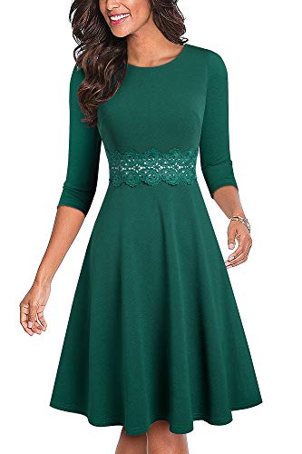 HOMEYEE Damen Vintage Rundhalsausschnitt Blumen Bestickt knielangen Cocktailkleid UKA079 (XL, Grün + 3/4 Ärmel)