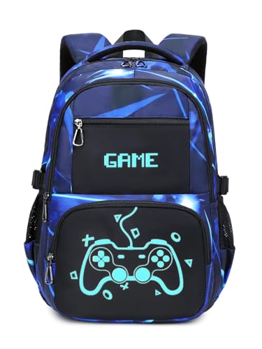 BLUWEI Kids Backpack Boys 18in Cool Luminous Game Bookbag Elementary Teens School Bag Age 6-12 (Blue)