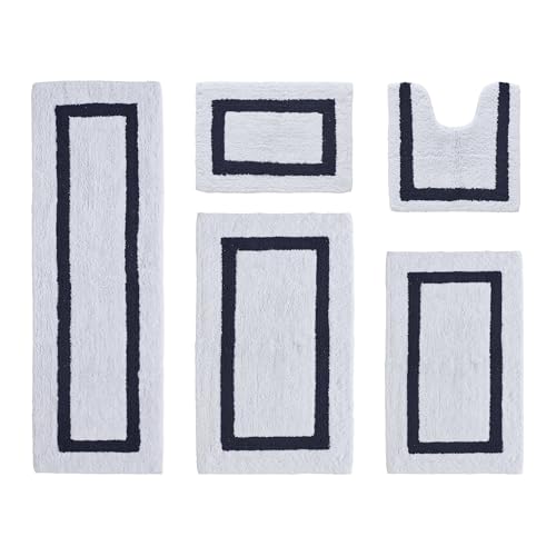 Better Trends 5 Piece Bathroom Rug Set 100% Cotton - Reversible, Soft, Absorbent, and Machine Washable Bath Rugs for Bathroom Floor, Tub, Shower White & Navy Hotel Collection