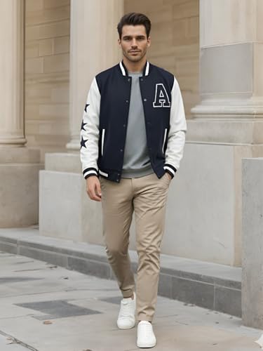 Image of CHKOKKO Men's Regular Varsity Jacket with Snap Button Closure and Patch Design Trendy Comfortable Outerwear for College Travel and Casual Wear