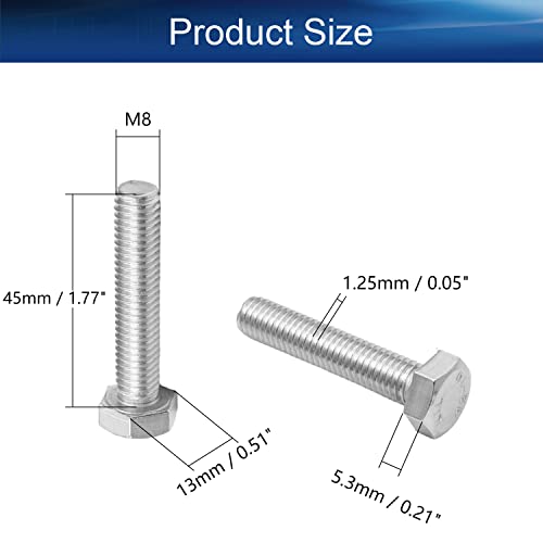 Image of Bettomshin 10Pcs M8 x 45mm Hex Bolts, 304 Stainless Steel 1.25mm Thread Pitch Fully Threaded Metric Hex Head Screw Bolts, Hexagon Screw Bolt, Hex Tap Bolts, Silver, A2-70 (Overall Size 50.3x13x13mm)