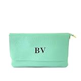  BE MY BAG - Sac personnalisé, pochette femme, cuir véritable, 100% fabriqué en Italie, sac brodé, pochette cérémonie, fermeture à glissière, personnalisé avec initiales, idée cadeau, Menthe