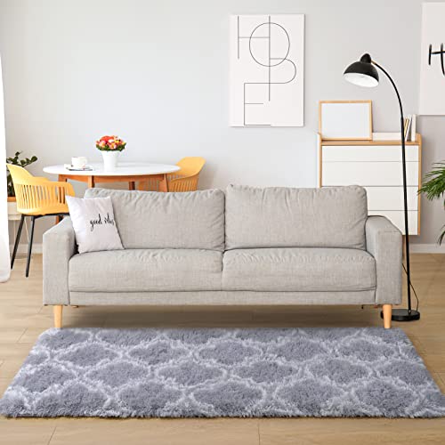 Chicrug Fluffy Geometric Runner Rug For Bedroom, 2X6 Feet Modern Shag Hallway Carpet Runner Floor Rug, Plush Moroccan Runner Rug For Family Kids Girls Nursery Bedside Room Decor, Grey And White #TOP4