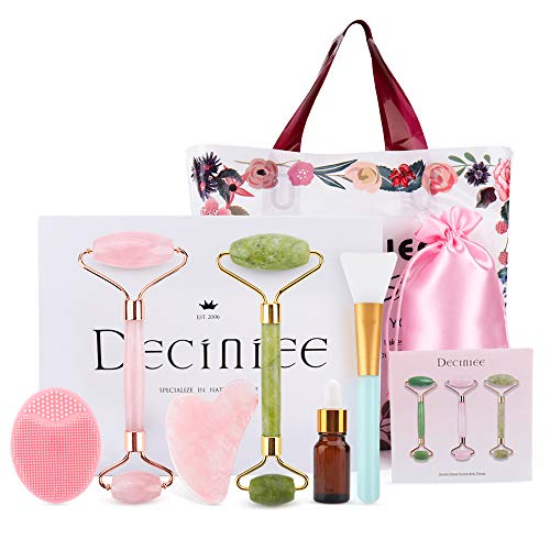 Deciniee Jade Roller, Jade Gezicht Roller met Gua Sha 6-delige Set Rozenkwarts Gua Sha Stone Facial Roller Massage Gereedschap voor Afslanken Verstevigen