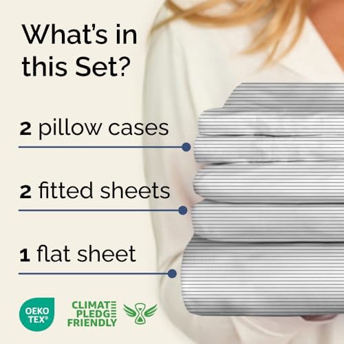 Image of Split King 5 Piece Striped Sheet Set - Breathable & Cooling - Fine Lines | 1 Flat, 2 Fitted & 2 Pillowcases w / Deep Pockets, Luxury Striped Bedding, Soft, Breathable & Cooling, Wrinkle & Fade Free