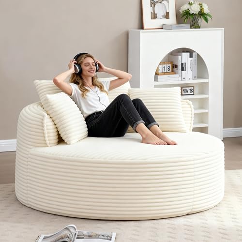 Image of Oversized Round Chair Lounge Chaise Indoor, 53.5 inch Upholstered Corduroy Deep Seat Single Cloud Sofa Chair, Fluffy Modern Large Circle Boneless Sleeper Sofa for Living Room, Bedroom, Beige White