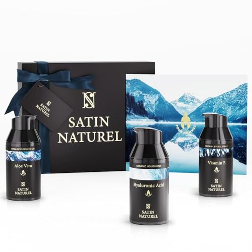 Satin Naturel Cofre Regalo Lujoso para Hombre – Set 3×30 ml con Crema Hidratante Facial, Contorno de Ojos y Limpiador Facial Vegano – Cuidado Antiedad – Idea Regalo Navidad – Edición Navideña