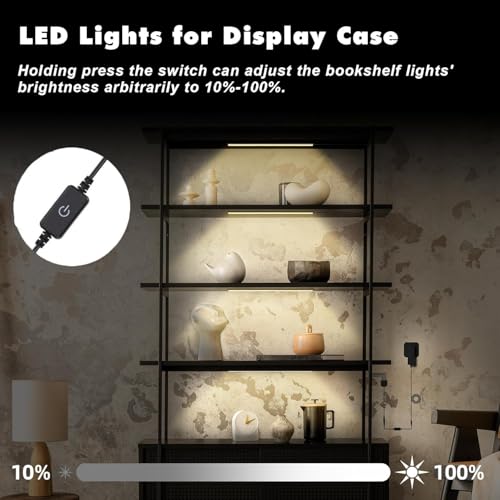 Image of JUSJUBR 4x12 Inch Natural White 4500K Shelf Lights, Dimmable Shelf Lighting with Memory Function, Ultra-Thin Black LED Light Bars for Cabinet, Display Case and Bookshelf