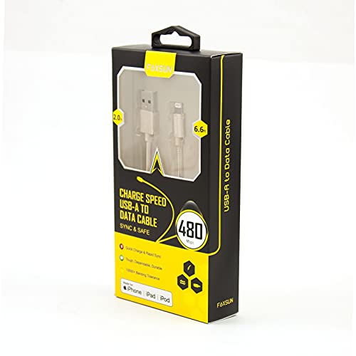 FOXSUN AM001020 iPhone Charging Cable 6.6 FT/2M Nylon Braided Lightning Cable for iPhone 7/7Plus/6/6Plus/6S/6S Plus/5/5S/5C/SE, iPad Pro/Air/Mini (Gold)