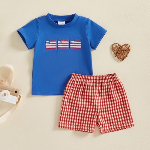 Image of 4th Of July Toddler Boy Outfit Popsicle American Flag T-Shirt and Gingham Plaid Shorts Set Independence Day Clothes