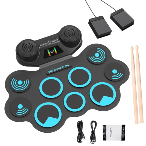 VikriDA Electronic Drum Pad Set | Foldable Roll-Up Digital Drum Kit with Bluetooth MIDI Support, Built-in Stereo Speakers & Drumsticks