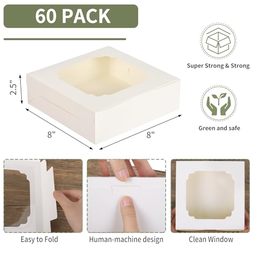 Image of TOMNK 60pcs 2 Style Windows 8x8x2.5 Inches Cookie Boxes, Bakery Boxes | 270gsm Food Grade Cardboard, Flat and Pre-folded for Easy Assembly, Highlight Your Baked Goods and Display Gifts Perfectly
