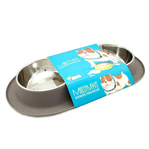 Messy Mutts Double Silicone Feeder With Stainless Bowls | Non-Skid Food Dishes For Dogs For All Pets | Dog Food Bowls | Large, 3 Cups Per Bowl | Grey #TOP2
