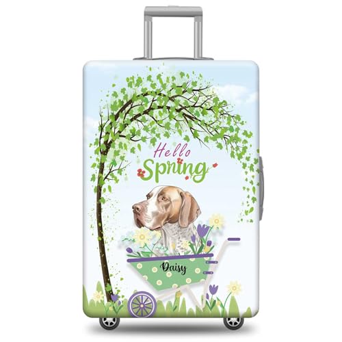 Custom Dog Name Luggage Cover Travel Suitcase Pointer with Hello Spring Design Machine Washable Suitcase Protector Fits 18-32 Inch Luggage