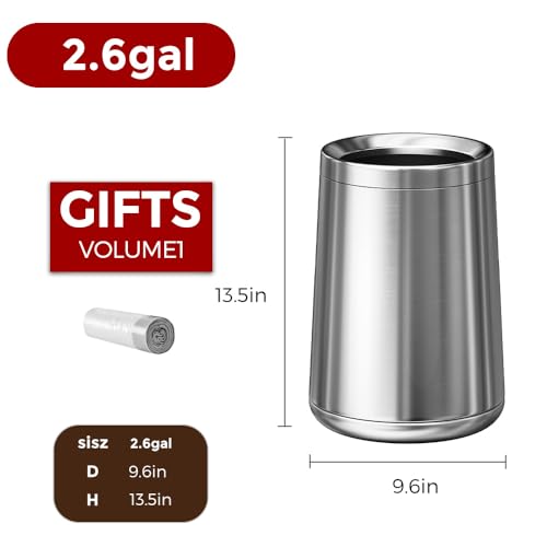Image of 10L /2.6GAL Silver Stainless Stell Trash Can,Brushed Nickel Bathroom Trash Can,Open Top Garbage Can for Bathroom,Bedroom,Hotel,Kitchen,RV