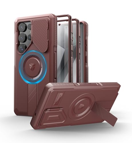 Image of Dexnor for Samsung Galaxy S25 Ultra Case with Camera Cover & Adjustable Kickstand & Built-in Screen Protector, Magnetic Rugged Shockproof Bumper Cases Heavy-Duty Protective Cover (2025),Maroon Red