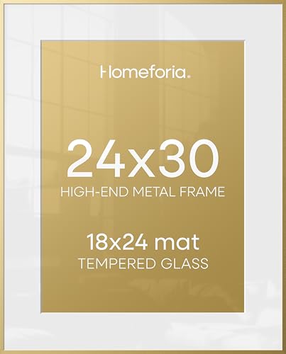 Image of Homeforia 24x30 Picture Frame Gold, High End Metal 24 x 30 Poster Frames with 18 by 24 Mat Opening, 24x30 Gold Photo Frame Matted to 18x24 Print, 30x24 Large Frames, Tempered Glass, Wall Kit, Set of 2