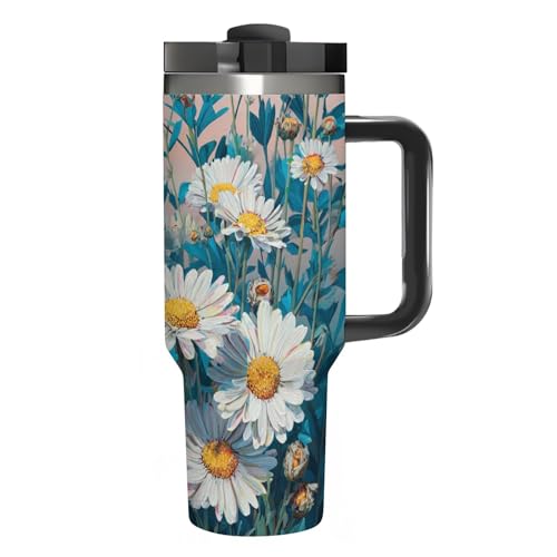 Vuiopuf Daisy Print Large Capacity Car Cup with Handle, Splash-Proof Lid & Cupholder-Friendly Base for Hot/Cold Drinks All Day