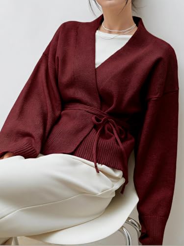 Image of WDIRARA Women's Wrap Long Sleeve Tie Front Cardigan | V Neck, Belted Sweater, Casual, Long Sleeve, Tie Waist, Knit Top