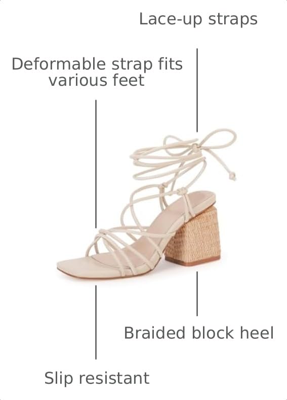Image of PiePieBuy Women's Lace Up Chunky Braided Heel Sandals Square Toe Strappy Ankle Strap Heels
