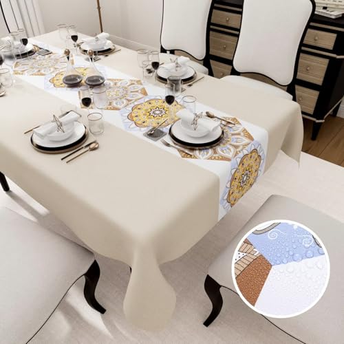 HiBeauty PRO Mantel Rectangular, 140 x 160 cm, Bohemia Crema, Impermeable, Mantel para Interior y Exterior, para Comedor, Jardín y Camping