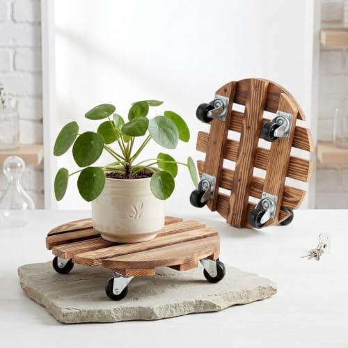 Support de plantes en bois plateau roulant caddy rond mobile - 2