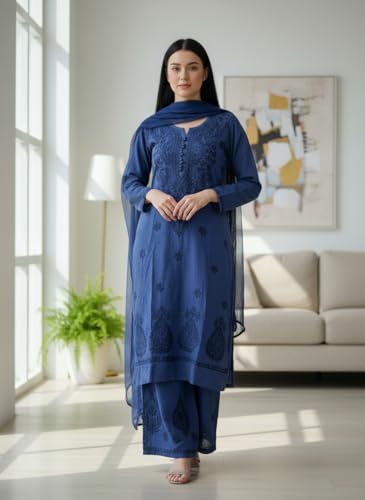 Image of Women's Lucknowi Chikankari Handwork Cotton Kurti, Palazzo and Dupatta Set