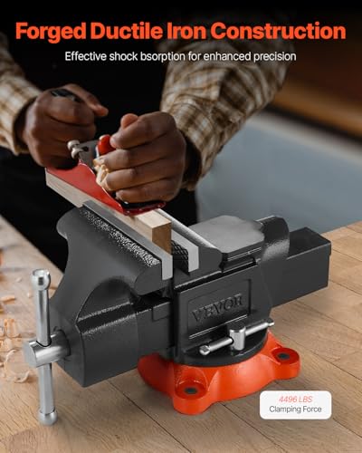 Image of VEVOR Bench Vise, 5 inch Jaw Width, 5 inch Max Jaw Opening Multipurpose Vise with 360 Swivel Locking Base, 2.8 inch Throat Depth, Heavy Duty Ductile Iron Workbench Vise with Anvil, for Clamping Round Pipes