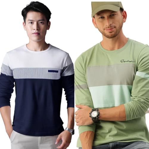 Image of Noble Monk Men Full Sleeve Round Neck T-Shirt | Printed Sleeves |Regular fit Tshirt for Men