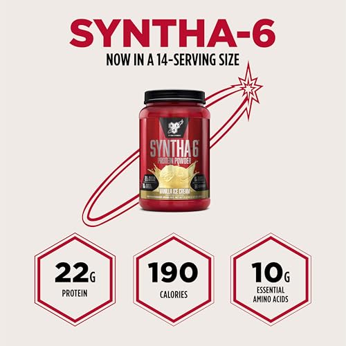 Image of BSN SYNTHA-6 Premium Protein Powder with 6g of Fiber, Whey Isolate, Micellar Casein, Milk Protein Isolate, 5g of Fat, Vanilla Ice Cream, 14 Servings, 1.45 Pound (Packaging May Vary)