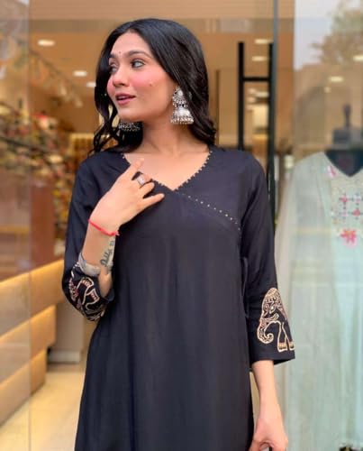 Image of Women's Rayon Embroidered Straight Kurti with Pant Set