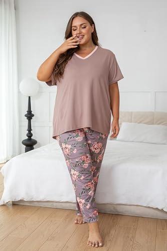 Image of Vozanet Women's Pajama Sets Short Sleeve with Long Pant Soft Sleepwear Printed pj Loungewear With TWO Pockets Size 1X to 5X