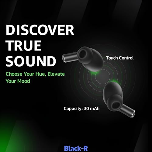 Image of Black-R Truly Wireless Bluetooth in Ear Earbuds with Active Noise Cancellation Buds, Bombastic Bass, Type C Fast Charging, 4Mics for Calling, v5.4 Bluetooth TWS, Wireless Earphones with mic, Black