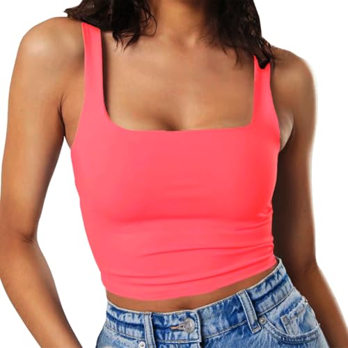 Artfish Women's Sleeveless Strappy Seamless Crop Tank Tops Square Neck Workout Fitness Basic Cropped Camis Valentines Day Fluo Pink XS