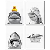 DOFQZ Funny Shark Bathroom Wall Art Decor Prints Set of 4, Cute Wild Animal Shark Posters Pictures Wall Decor for Bathroom Washroom Restroom, 8x10 Unframed