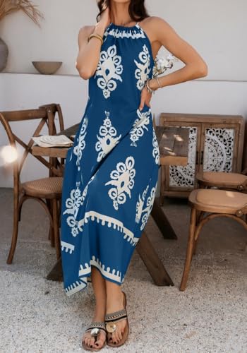 Image of Sulozom Summer Maxi Dresses for Women 2025 Casual Floral Halter Sleeveless Boho Dress Flowy Beach Vacation Outfits