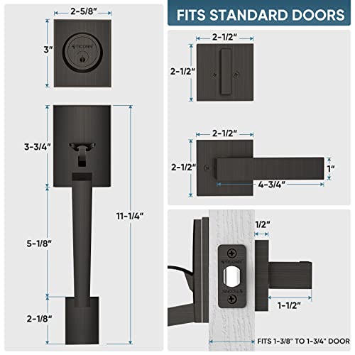 Image of TICONN Front Door Handle Set, Heavy Duty Square Door Lever & Single Cylinder Deadbolt Combo Reversible for Entrance Exterior Doors (Oil Rubbed Bronze)