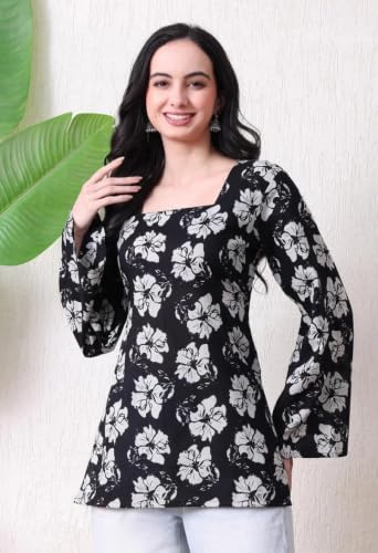 Image of Women Pure Cotton Floral Printed Short Kurti | Square Neck | Full Sleeves | Stylish Ethnic Kurta | Back Tie-Up | Casual Wear Kurta