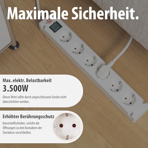 Brennenstuhl Bremounta Steckdosenleiste 6-Fach mit Schalter (Mehrfachsteckdose mit 90 Grad Steckdosen, Steckerleiste mit Befestigungsmöglichkeit und 3m Kabel) weiß