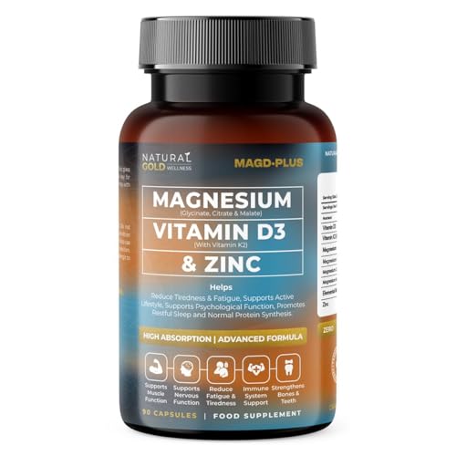 Magnesium Glycinate Complex 6-in-1 with Citrate, Malate + Vitamin D3 4000 iu & Vitamin K2 MK7 100μg + Zinc | 1600mg Magnesium Supplement - High Absorption - 90 Vegan Capsules by Natural Gold Wellness
