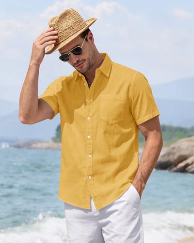 Image of J.VER Mens Linen Shirt Short Sleeve Button Down Casual Summer Shirts | Cotton Linen, Untucked, Big Tall, from Beach Camp Vacation, Cruise Fishing, Work Office, to Wedding Party Family, with Pocket